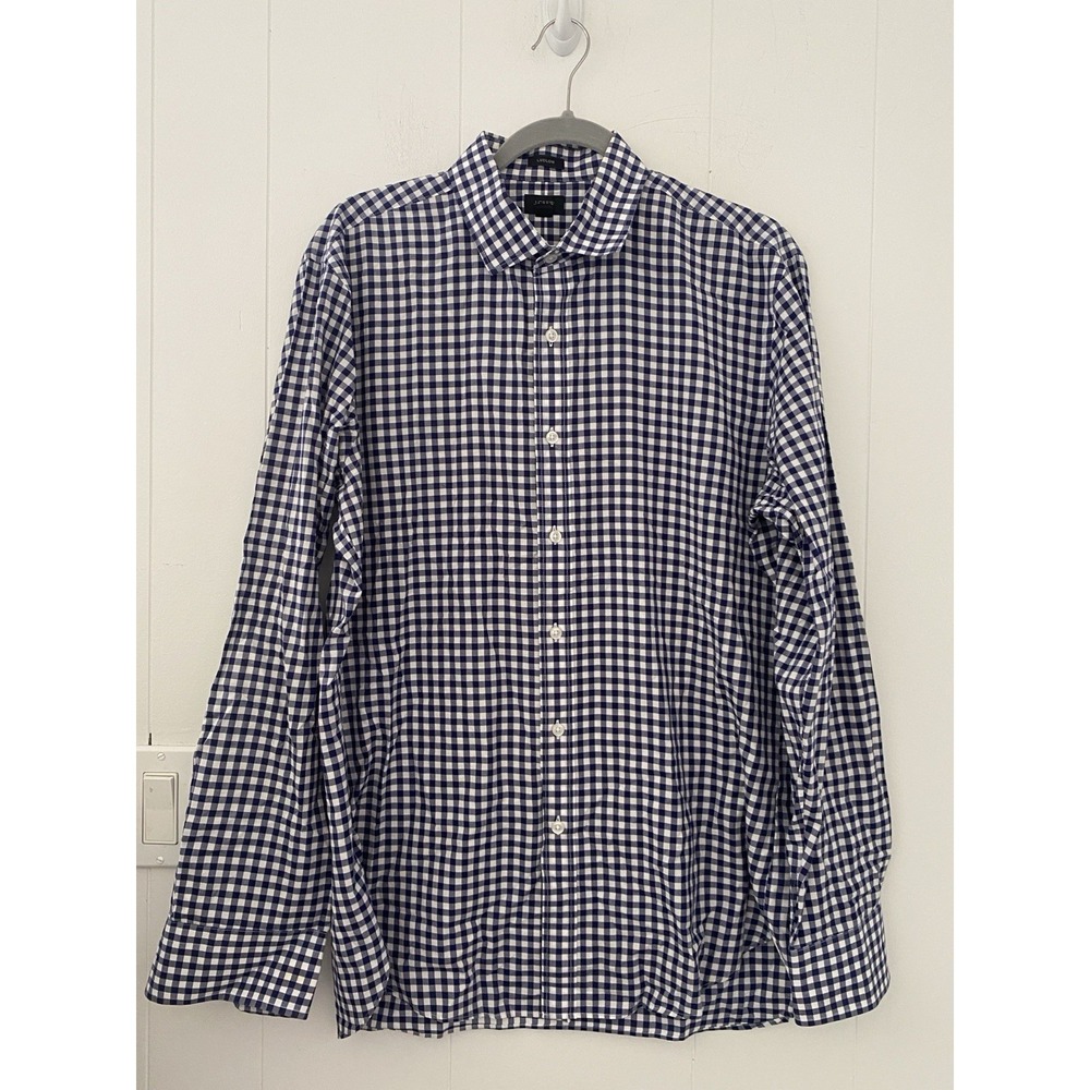 J.Crew Ludlow Navy Blue White Gingham Check 120's 2 Ply Shirt Sz L Cotton‎